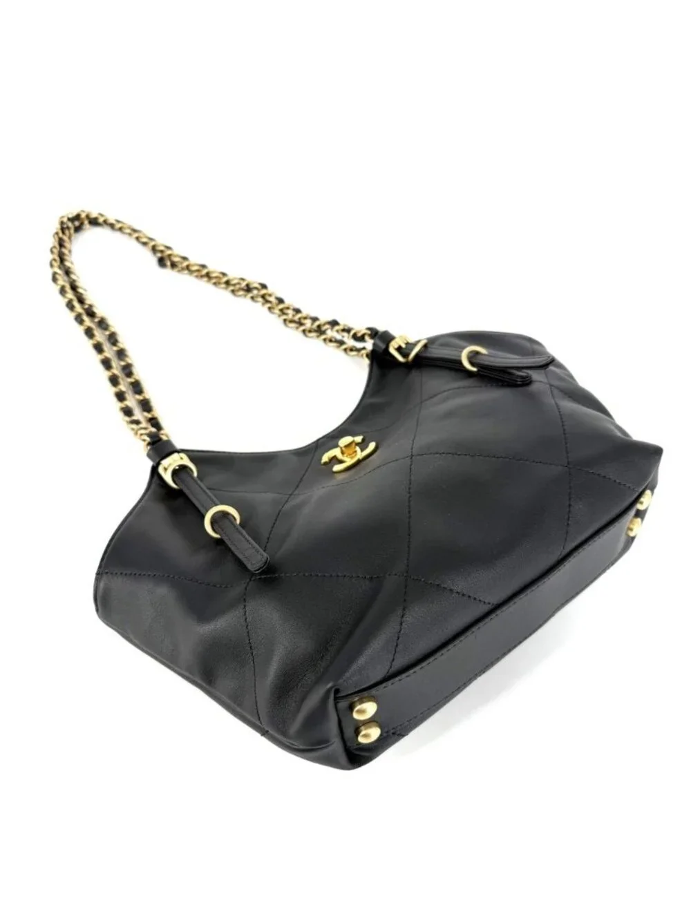 Chanel Handbag Small Shopping Bag CC Logo Turnlock Leather Black Gold